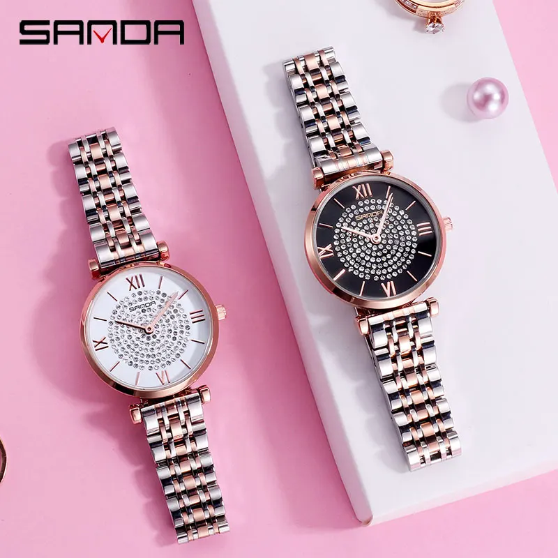 Женские часы SANDA Кварцевые водонепроницаемые со стальным ремешком и зеркальным