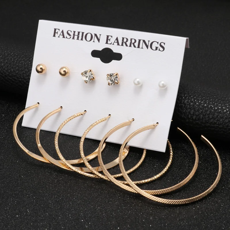 Tenande 6 Pairs/Set Punk Big Statement Crystal Simulated Pearl Earrings Set for Women Jewelry Pendientes Bijoux | Украшения и