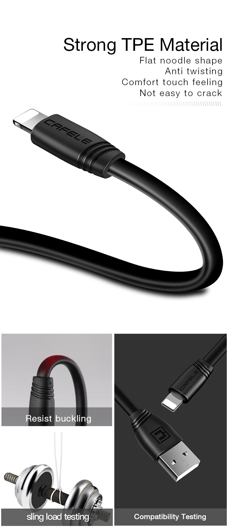 CAFELE, плоский USB кабель, зарядный кабель для iphone X 8, 7, 6 S, 6 Plus, 5S, синхронизация данных, телефонный кабель для IOS 11, 10, 9, USB зарядное устройство 50 см/120 см