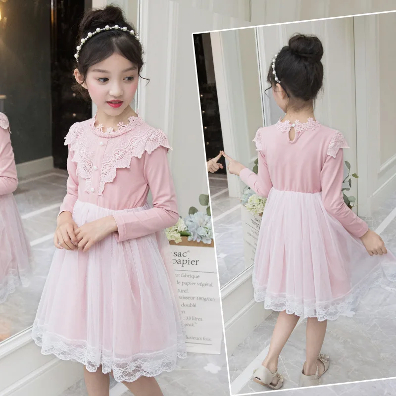 Kids Baby Dress Spring Princess Lace Dresses for Teenage Girls 2019 Solid Color Long Sleeve Patchwork Clothes Children Clothing | Детская