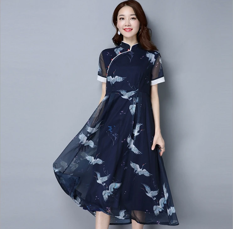 2017 шифоновое платье с воротником и короткими рукавами в национальном стиле |