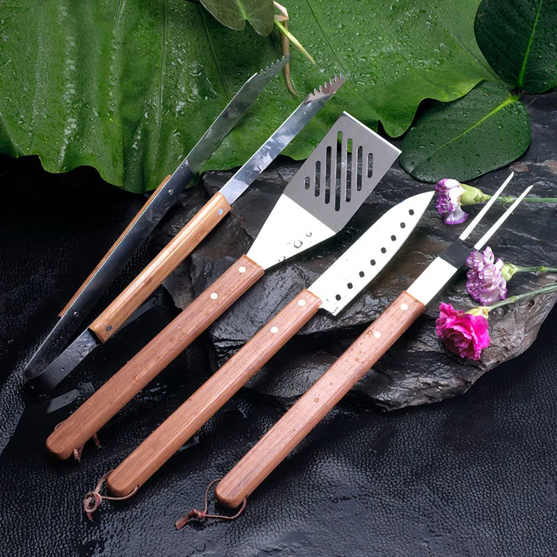 Promotion 4pcs/set Outdoor Grill BBQ Accessories Clinic Cooking Tool Set with Bamboo handle Knife Fork Tong Spatula |