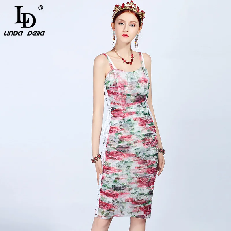 LD LINDA DELLA Summer Fashion Runway Dress Women's Mesh Ruched Peinted Midi Sexy Sheath Bodycon Elegant Party Dress