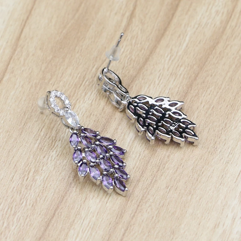Серьги из серебра 925 пробы с фиолетовым кубическим цирконием и камнями серьги