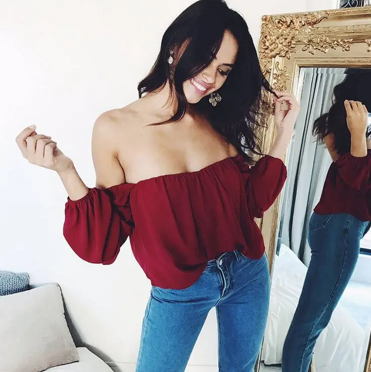 Женская блузка с открытыми плечами HCBLESS 2018 Летняя Пляжная рукавами-фонариками