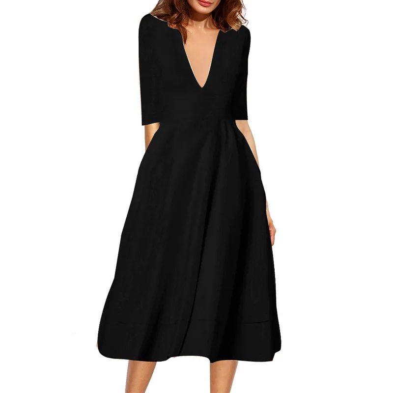 Осенне зимние платья с коротким рукавом и глубоким v образным вырезом женские