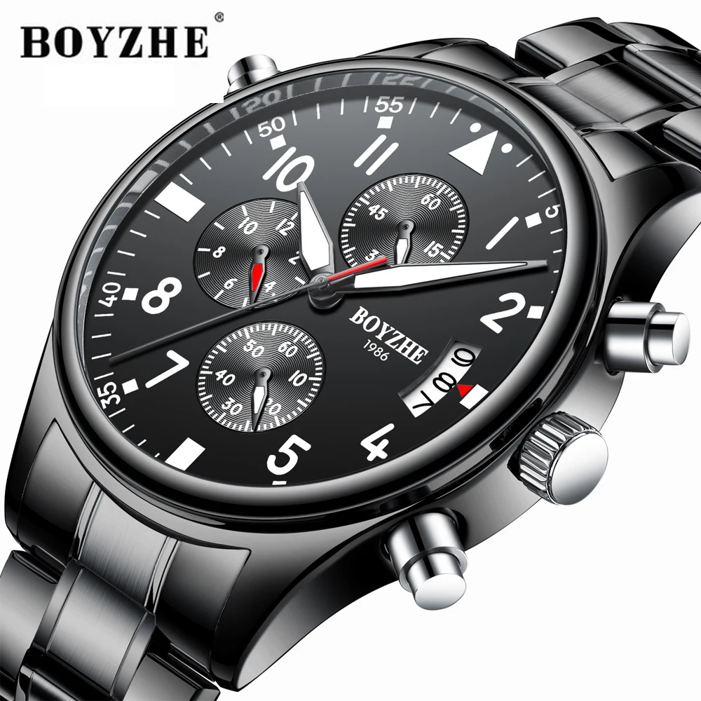 Relógios de Quartzo da Forma Multi-função de Luz de Aço Inoxidável de Luxo da Marca Relógio de Pulso Boyzhe Homens Esporte Militar Relógio Masculino