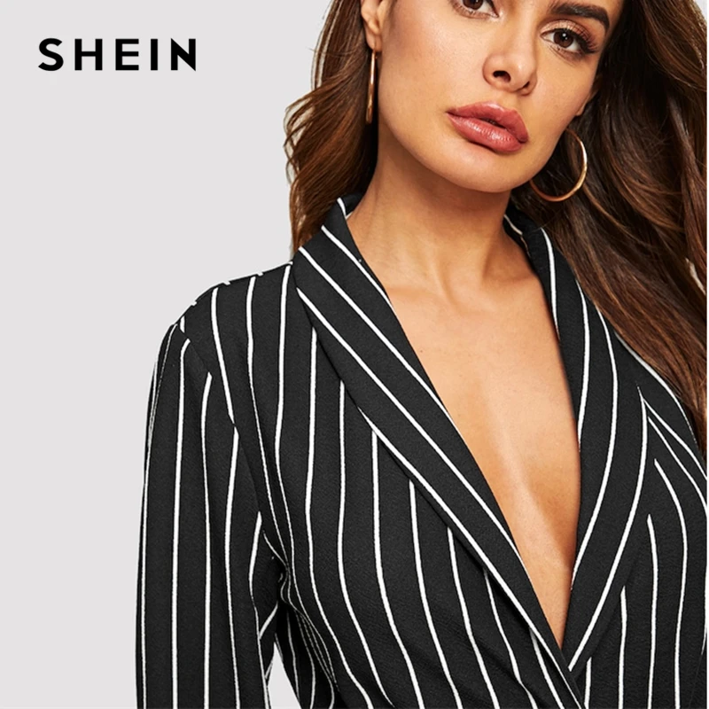 SHEIN Пиджак С Поясом И Брюки-Сигареты В Полоску Комплект Женские Демисезонные Элегантные Блейзеры И Брюки 2 Шт Комплект