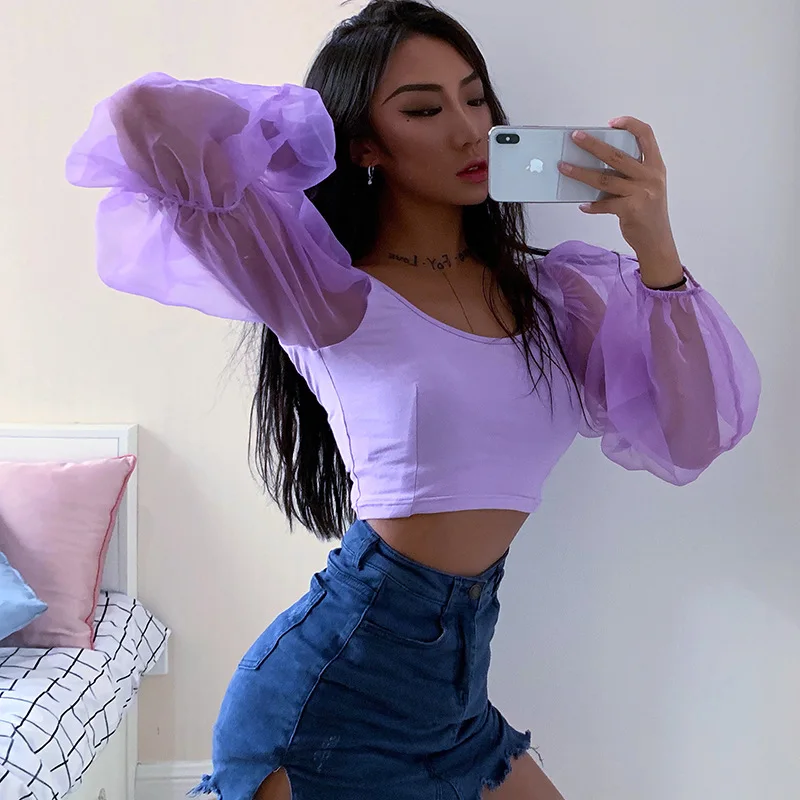 Женский сетчатый топ с пышными рукавами винтажная блузка соединением внакрой 4