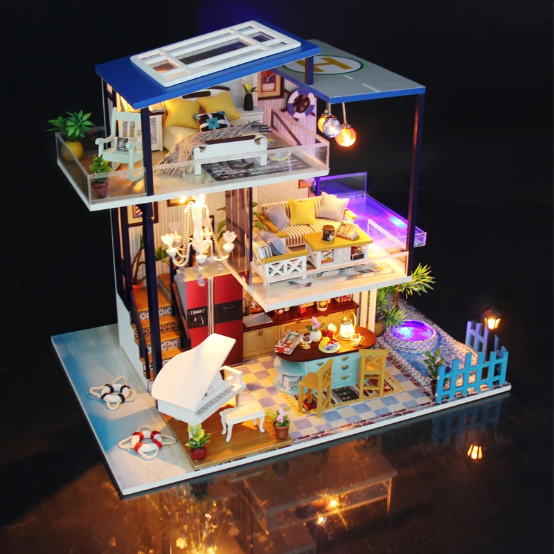 Миниатюрный дом сад вилла кукольный домик с вертолетом Фортепиано Светодиодные