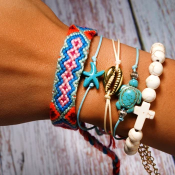 1 MOON GIRL 5 Pieces Puka Shell Bracelet Set Turtle Starfish Cross Beads Boho Weave Bracelet for Women Friendship Jewelry Dropship - Metal Color: 1