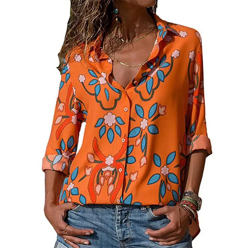 Коричневый Женские рубашки, Полосатая туника, плюс размер, Blusas Chemisier Femme, женские блузки, цветочный принт, длинный рукав, отложной воротник, блузка - Цвет: Коричневый