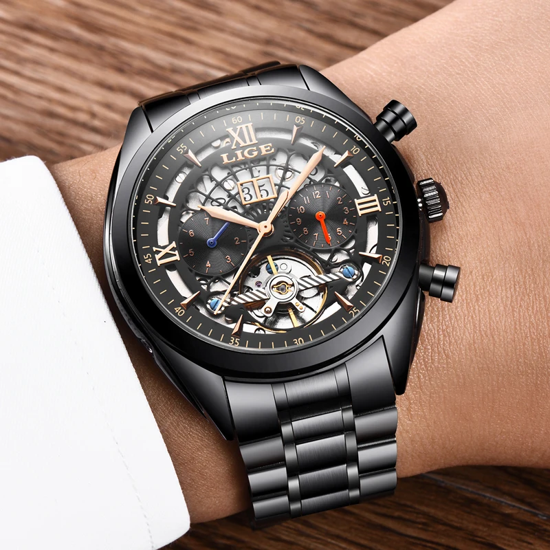LIGE новые мужские часы Топ бренд класса люкс Tourbillon механические модные бизнес