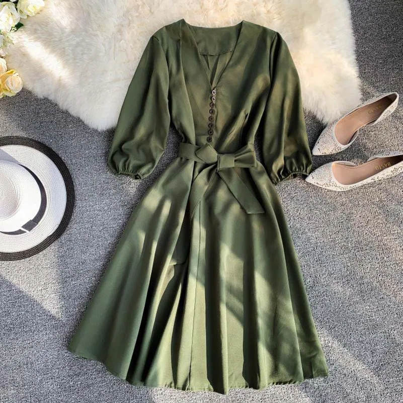 Elegant Women Summer V-neck Lantern Sleeve Bandage Strap Sashes Button Dress New Vintage A-line Slim High Waist Party Midi Dress