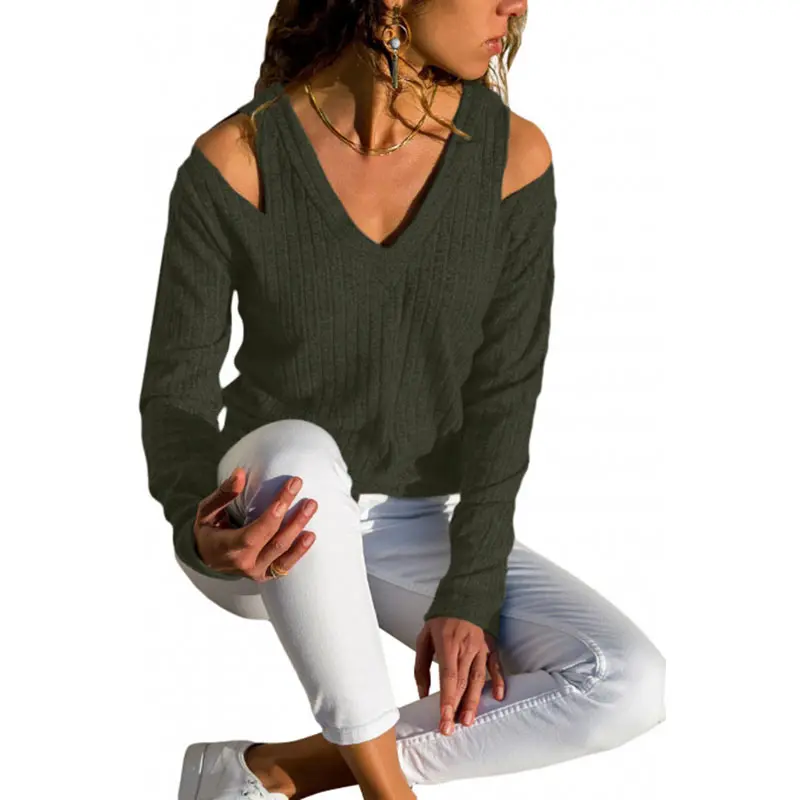 Pullover Female Rib Knit Long-Sleeved Top Winter Clothes Women V-Neck Cold Shoulder Sweater Casual Pure Color Autumn | Женская одежда