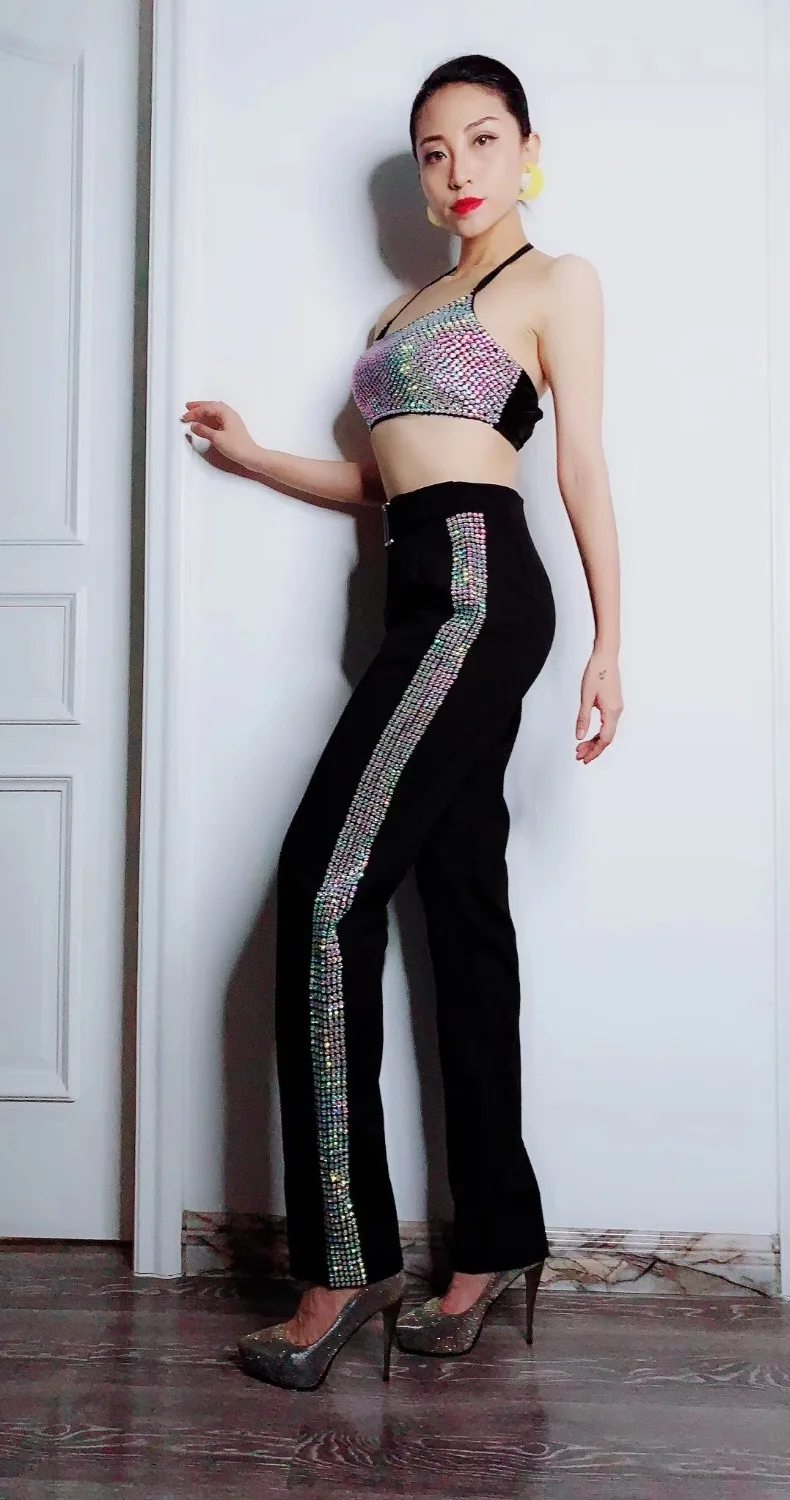 

Summer Fashion Sexy Women 2 Pieces Set Magic Color Shiny Rhinestones Vest High Waist Pants Birthday Party Outfit Singer Costumes