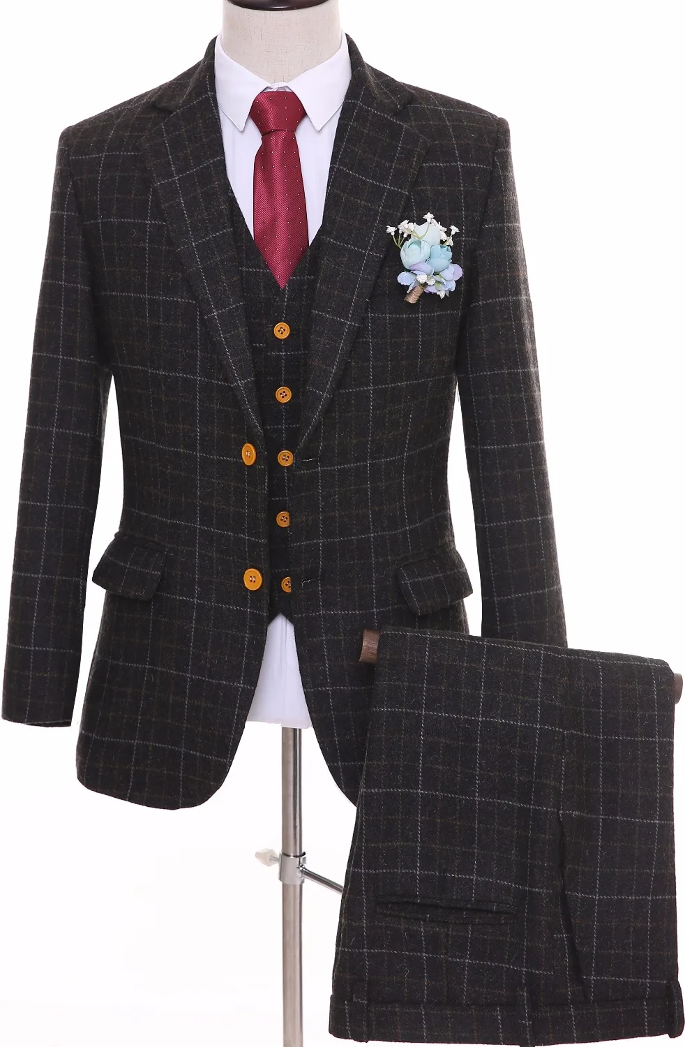 

British Style Wool Tweed Two Buttons Men Suits Slim Fit Plaid Groom Tuxedos Notched Lapel Groomsmen Mens Wedding Suits