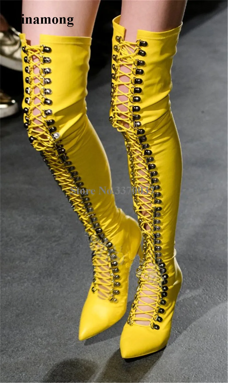 

Women Sexy Pointed Toe Buttons Thin Heel Over Knee Gladiator Boots Lace-up Cut-out Yellow White Black Long High Heel Boots