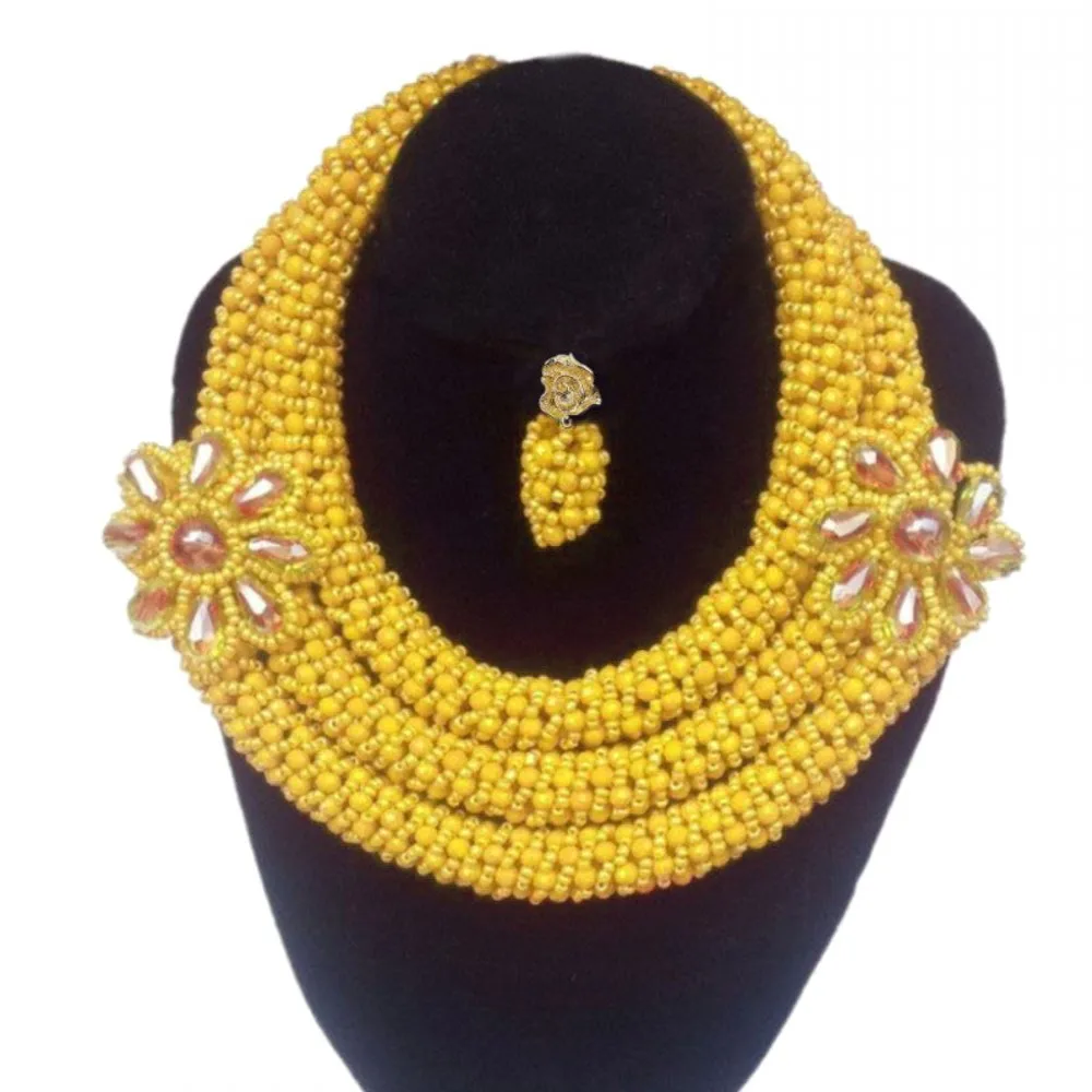 

Dudo African Jewelry Set 4 Colors Nigerian Necklace Set for Women 3 Layers Crystal Handmade Flowers Women Party Jewellery Set