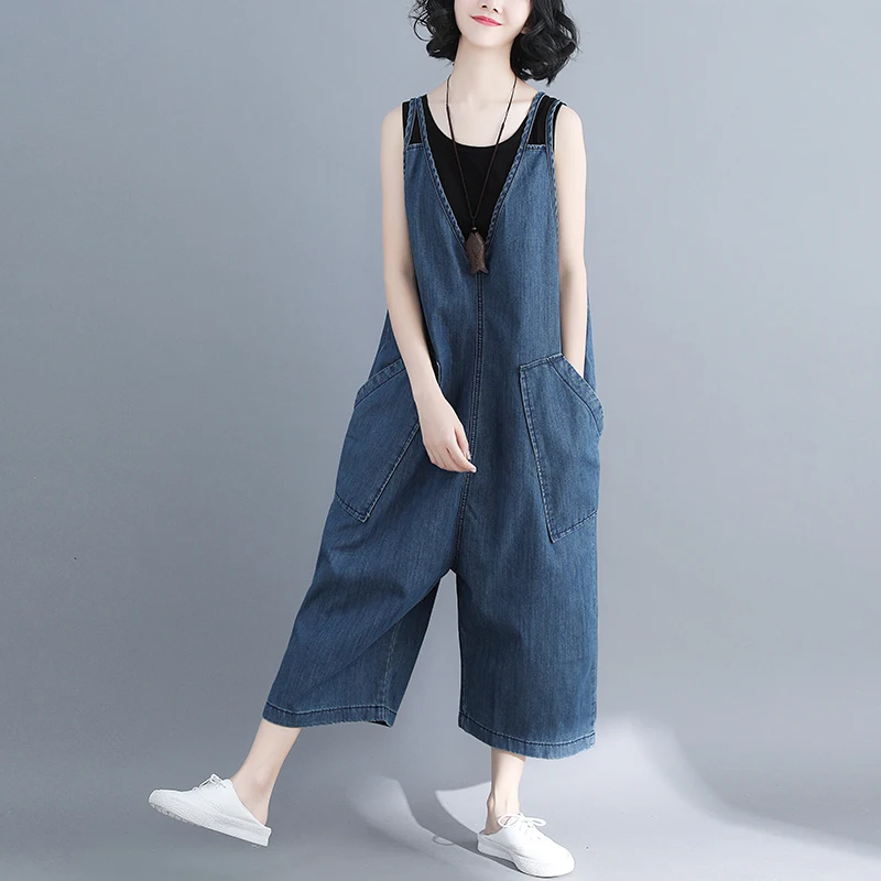 #1223 Spring Autumn Sleeveless Jumpsuit Woman Jeans Jumpsuits Loose Overalls Ladies Blue Denim Wide Leg  Jumpsuit Lady 50-90kg