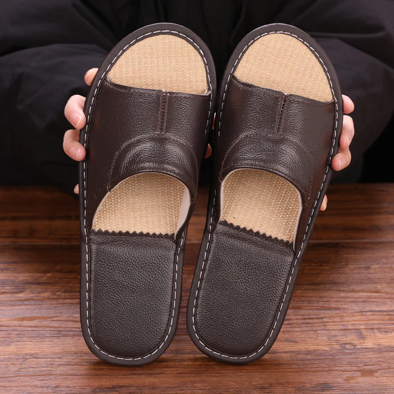 

Cowhide Summer Home Linen leather slippers women's home indoor non-slip soft bottom summer sandals and slippers men 9 Colors
