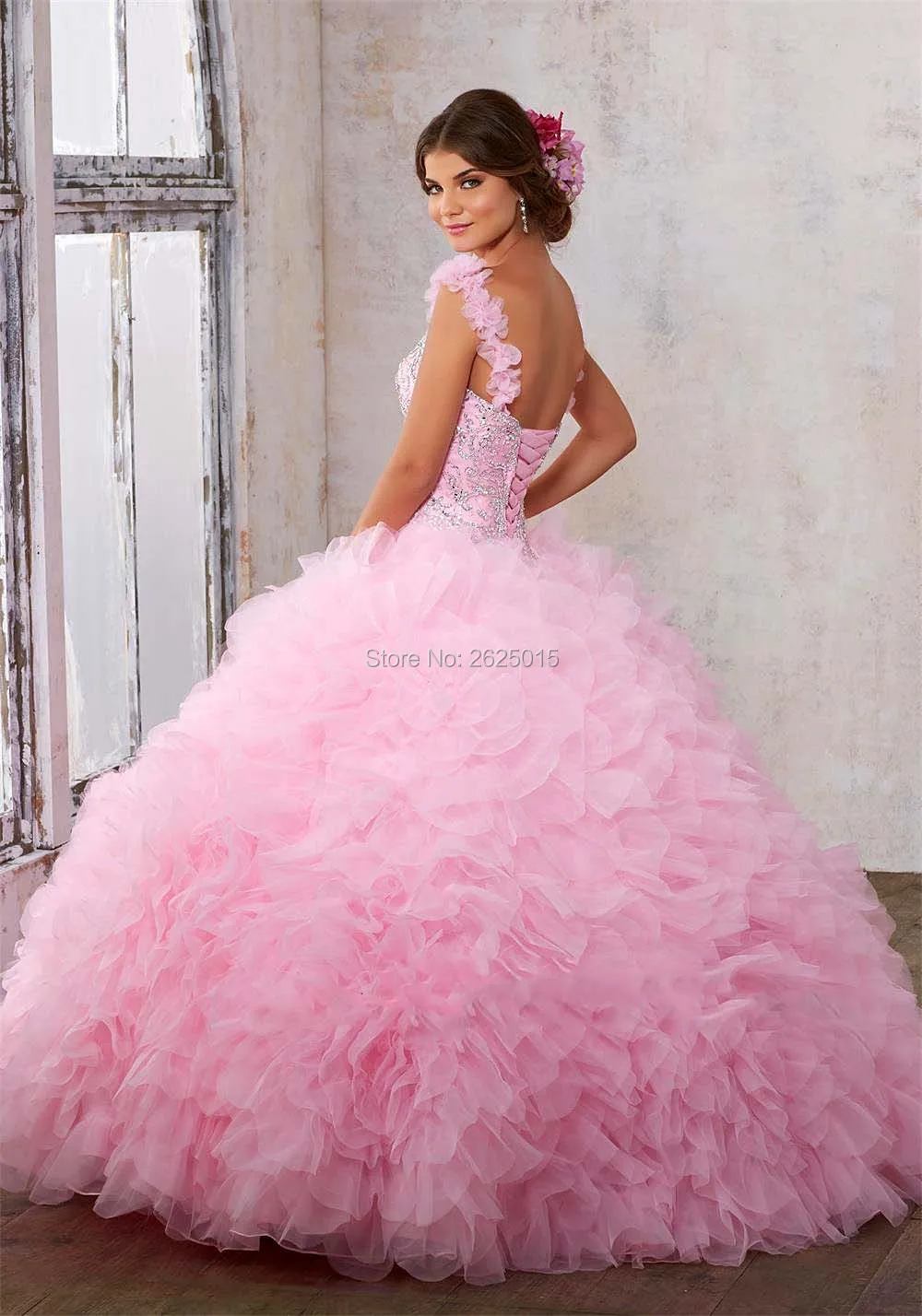 Пухлые Бисером Бальное платье Aqua Розовый Оборками Из Органзы Quinceanera Платья 2017