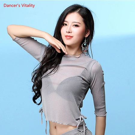 Профессиональный Bellydance Половина рукава прозрачное Сетчатое живота Танцы Топ для женщин/женский Танцы rs танцевальные костюмы для выступлений - Цвет: Серый