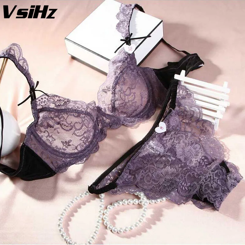 Gray purple Сексуальный прозрачный кружевной комплект с бюстгальтером, женское нижнее белье, комплект с бюстгальтером, чашка 3/4, съемный плечевой ремень, один большой комплект с бюстгальтером - Цвет: Gray purple