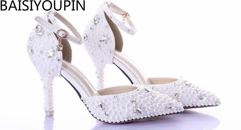 2018 летние белые туфли невесты с жемчугом и стразами на высоком каблуке ремешком