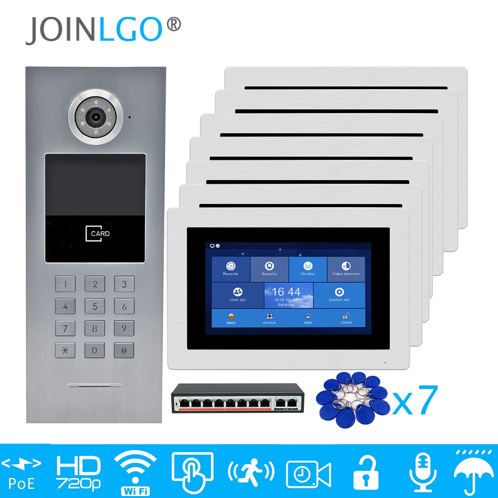 7 квартиры POE 720P IP Wifi " сенсорный экран запись видео домофон дверной телефон код клавиатуры RFID наружная камера