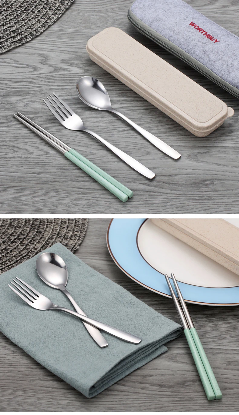 WORTHBUY Portable Dinnerware Set Stainless Steel Cutlery With Wheat Straw Handle Tableware Set For Kids School Dinner Set