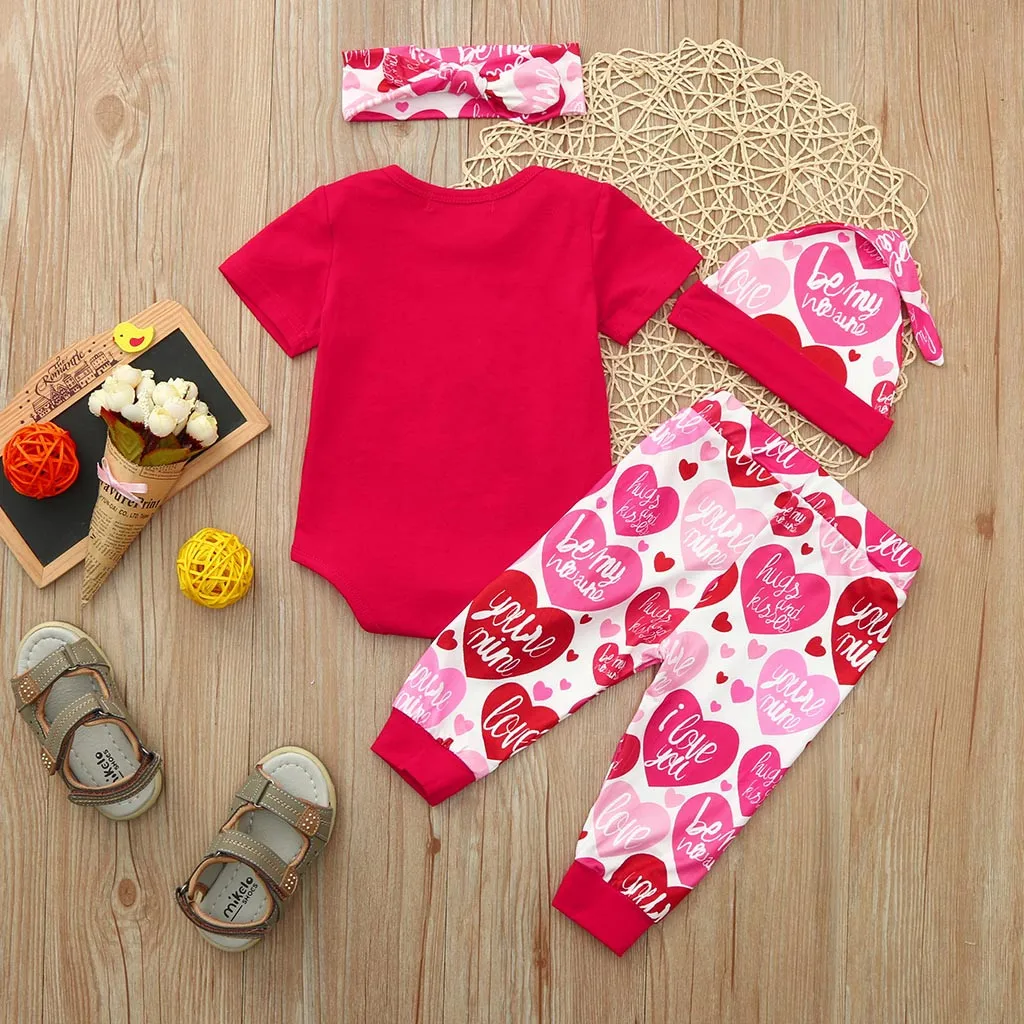 My 1ST Valentine Day Newborn Baby Boy Girl Outfits Cotton Valentines Outfit Letter Romper+Pants+Hat+Headbands Set L1228 | Детская одежда