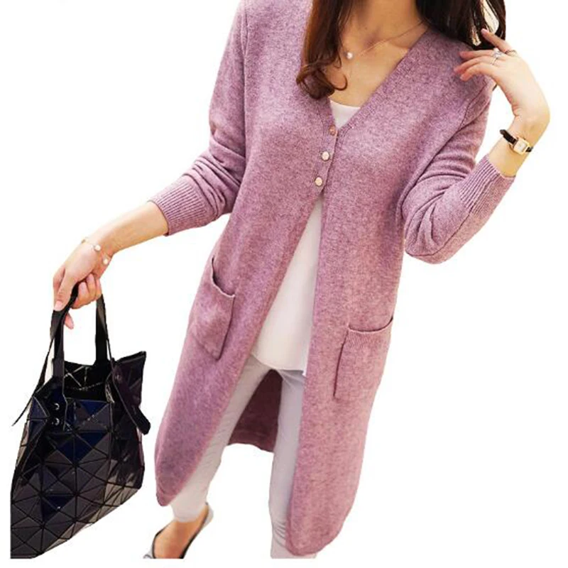 Long Cardigan Female Knitted Sweaters Cardigans Women Sleeve jersey Open Stitch Pockets jumper |
