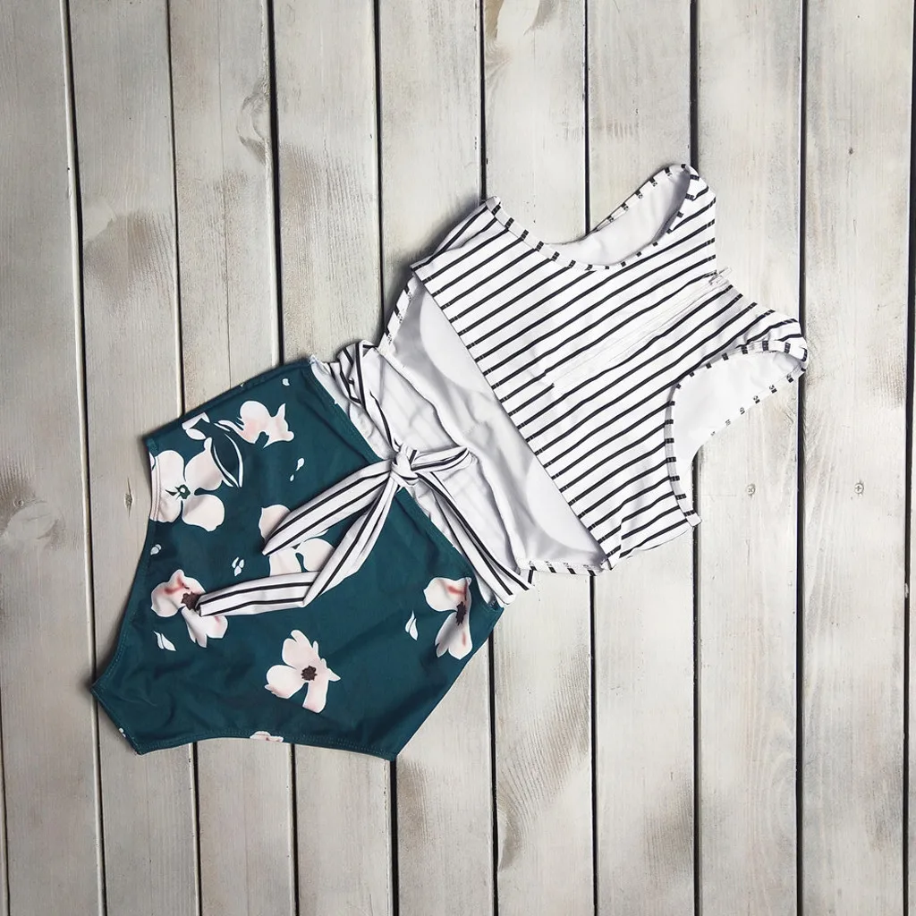 Женский купальник бикини в полоску на молнии с принтом листьев повседневный