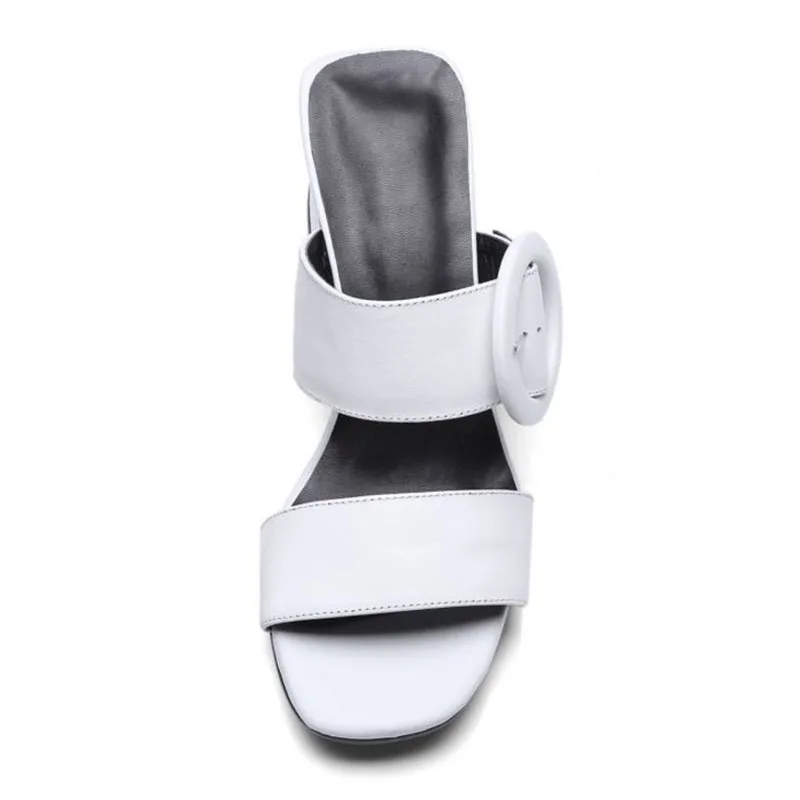 FITWEE Simple Women Genuine Leather High Heel Sandals Metal Buckle Square Toe Thick Vacation Shoes Size 33-40 | Обувь