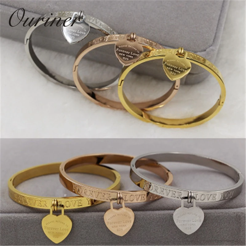 

Jewelry For Women Luxury Brand Pulseira Stainless Steel Bracelet & Bangle Rose Gold Color Heart Forever Love Tag Bangle K0066-1