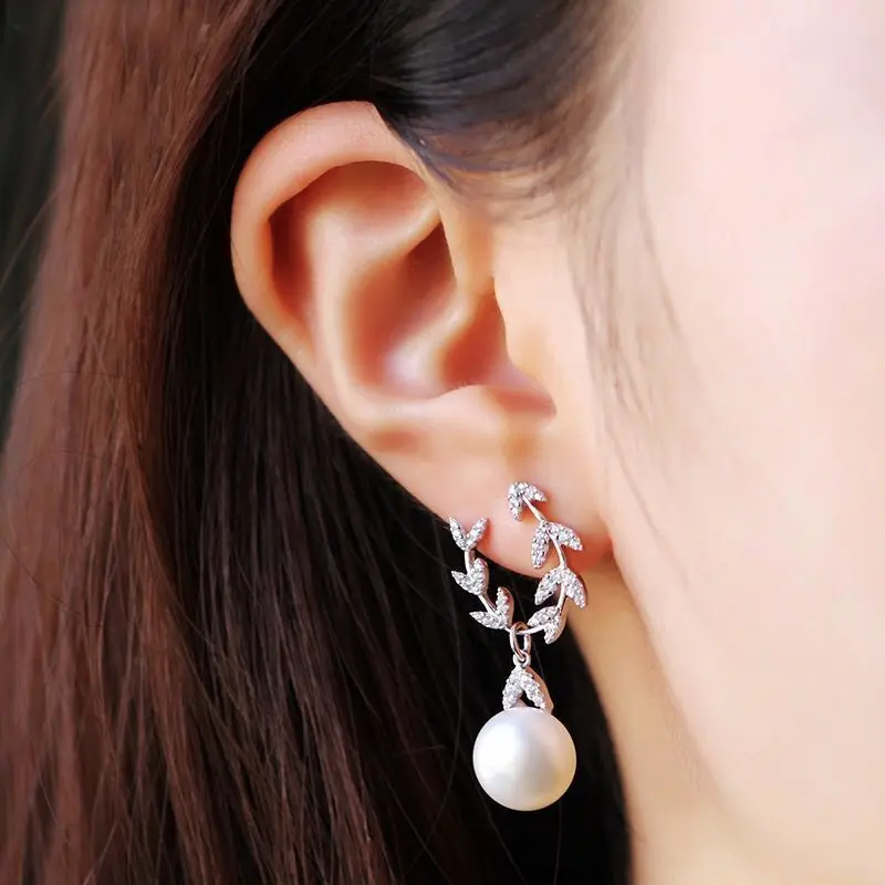 SWOUR New Fashion Jewelry 925 Silver Needle CZ Crystal Leaf Olive Branch Pearl Design Dangle Earrings For Women S433 | Украшения и