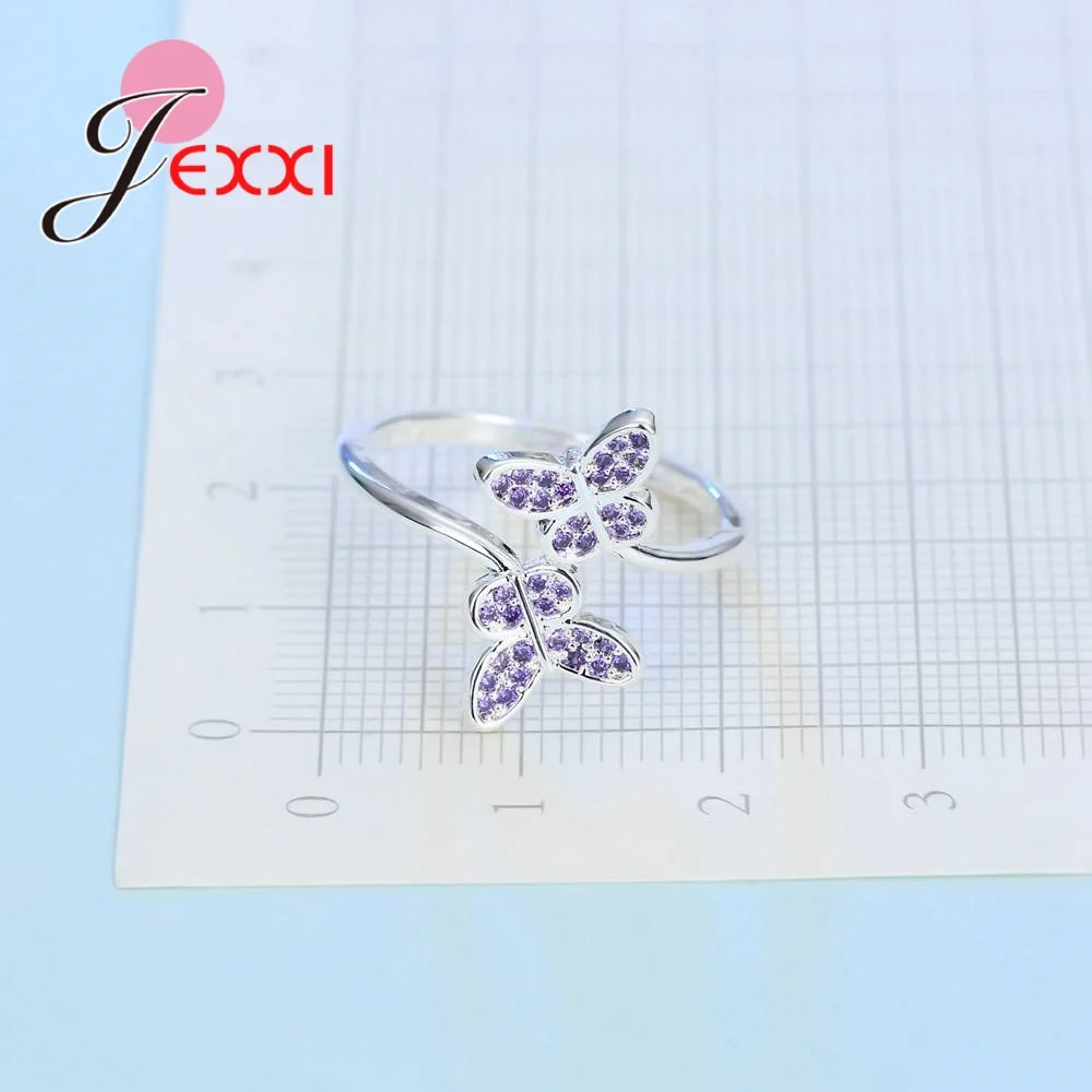 Fashion Opened Ring High Polish Double Cute Love Butterfly Small Purple Cubic Zirconia Crystal 925 Sterling Silver Wedding | Украшения и