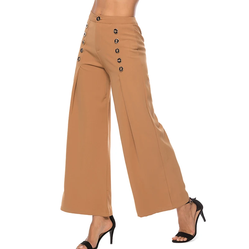 

Summer Women Pants Button High Waist Loose Long Flare Pants Office Lady Casual Plain Workwear Trousers
