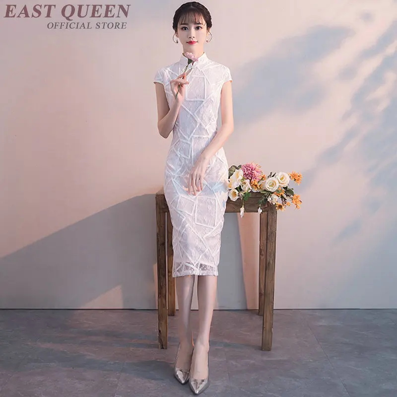 

traditional chinese clothing femme qipao cheongsam solid lace short sleeve slim bodycon transparent knee length AA3775 Y a