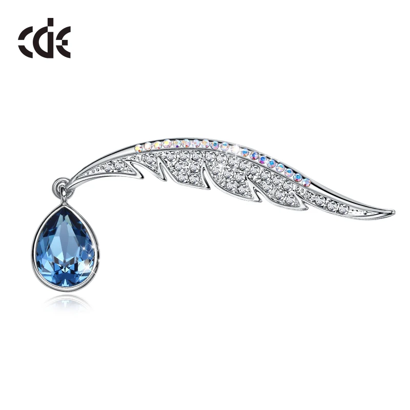 

CDE Fashion Rhinestone Feather Brooches with Blue Water Drop Crystals Coat Brooches Pin Jewelry Accessories