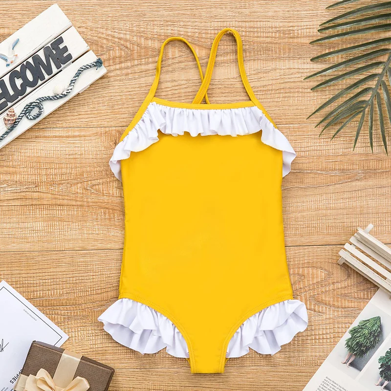 Купальник для девочек 2019 однотонный слитный купальник с оборками детский