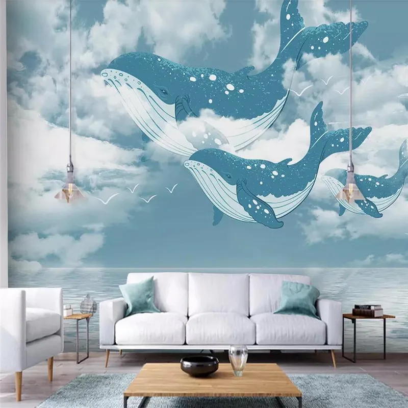 

Custom Mural Wallpaper Creative Ocean Sky Whale Children's Room Background Wall