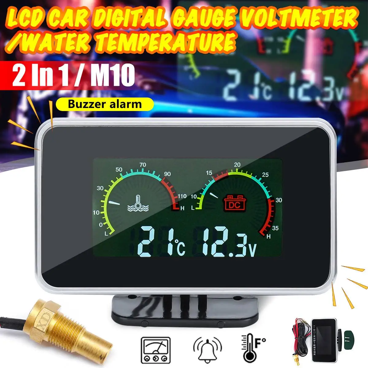 

12V 24V 2in1 LCD Car Digital Display Gauge Voltage Pressure Water Temp Meter with Buzzer Alarm M10