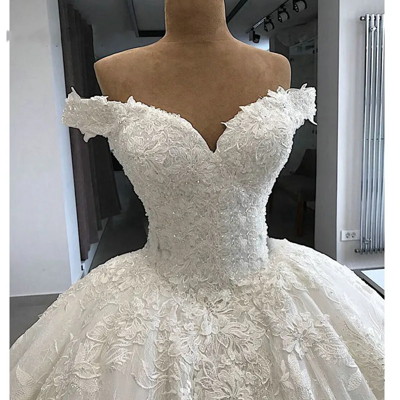 

Vestido de Noiva Wedding Dresses Arabic Puffy Ball Gown Lace Applique Bridal Wedding Gown Custom Made Plus Size White Ivory