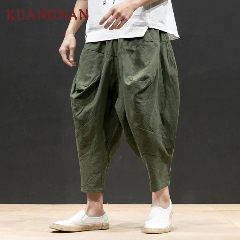 KUANGNAN Japan Style Linen Wide Leg Pants Men Jogger Japanese Streetwear Joggers Men Pants Hip Hop Trousers Men Pants