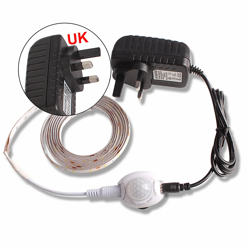 LED Strip UK SMD2835 Водонепроницаемый Светодиодные ленты движения Сенсор светильник Тира светодиодный 220 В до 12 В Автоматическое включение/OFF Гибкая неоновая лента 1 м 5 м светодиодный полосы Питание - Испускаемый цвет: LED Strip UK