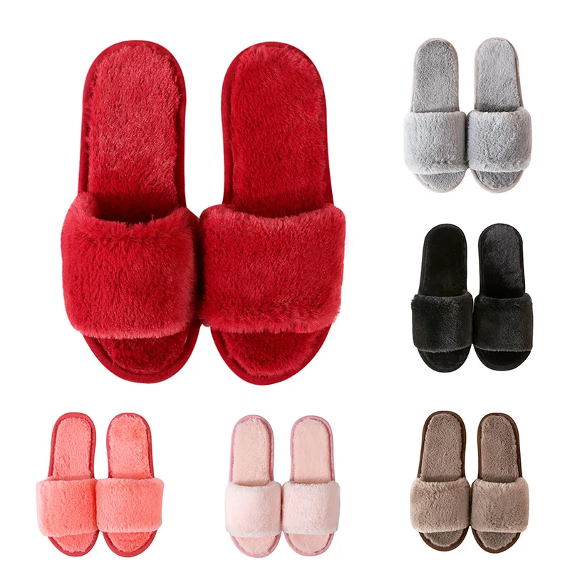 Домашние тапочки размера плюс 36 45 Меховые с открытым носком Женская домашняя