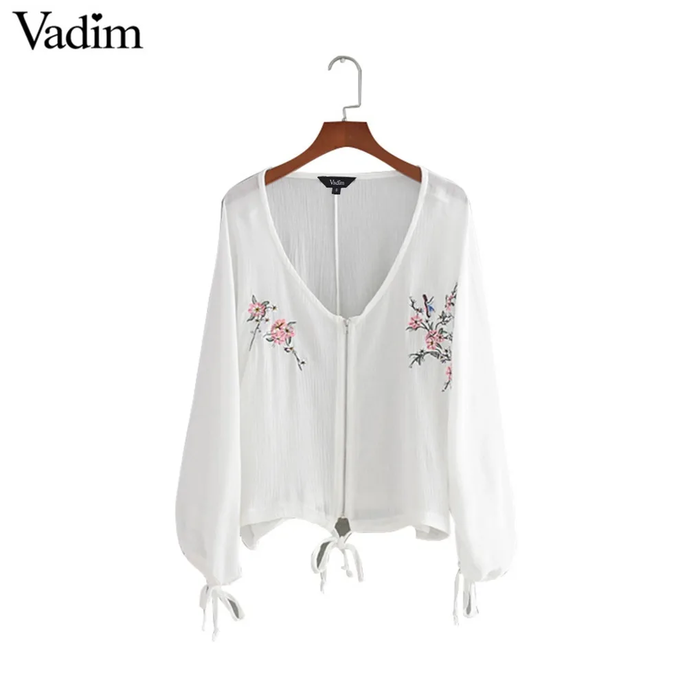 Vadim V neck bow tie floral embroidery loose shirts oversized see through long sleeve blouse ladies fashion tops blusas LT1971 |