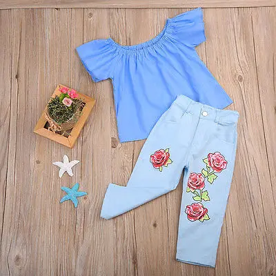 Pudcoco 2018 Toddler Kids Baby Girl Clothes Sets Off Shoulder Butterfly Sleeve Shirt Tops+Long Floral Pants Outfits 2-7Y | Мать и ребенок
